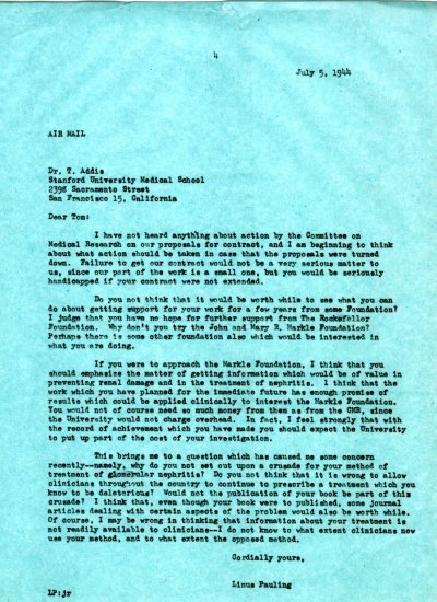 Letter from Linus Pauling to Thomas Addis. Page 1. July 5, 1944