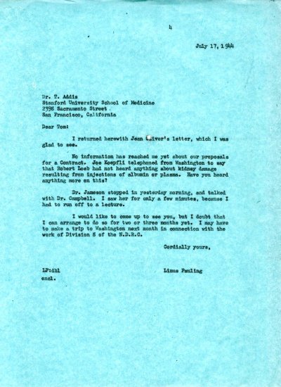 Letter from Linus Pauling to Thomas Addis. Page 1. July 17, 1944