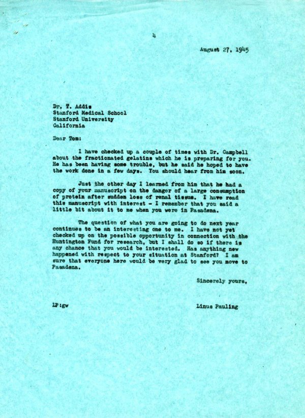 Letter from Linus Pauling to Thomas Addis. Page 1. August 27, 1945