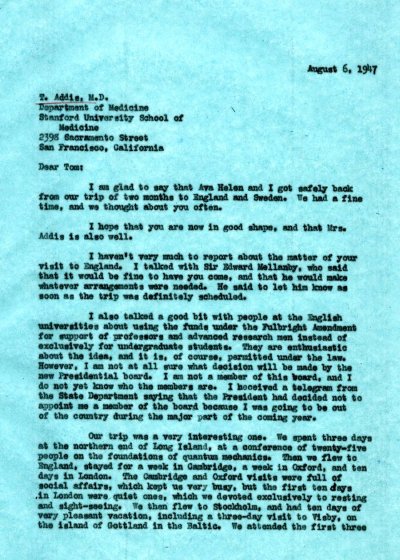 Letter from Linus Pauling to Thomas Addis. Page 1. August 6, 1947