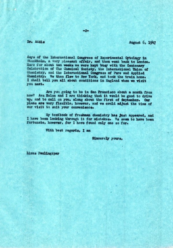 Letter from Linus Pauling to Thomas Addis. Page 2. August 6, 1947