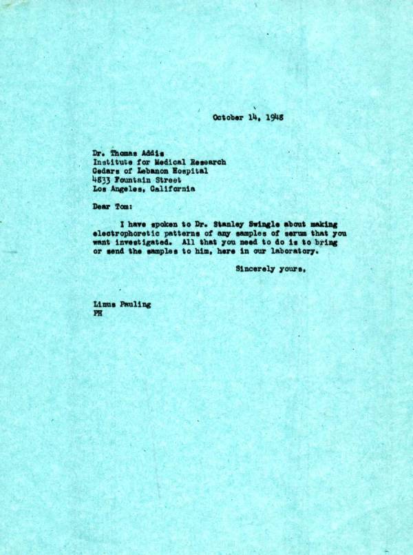 Letter from Linus Pauling to Thomas Addis. Page 1. October 14, 1948