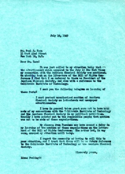 Letter from Linus Pauling to Paul J. Kern. Page 1. July 18, 1949