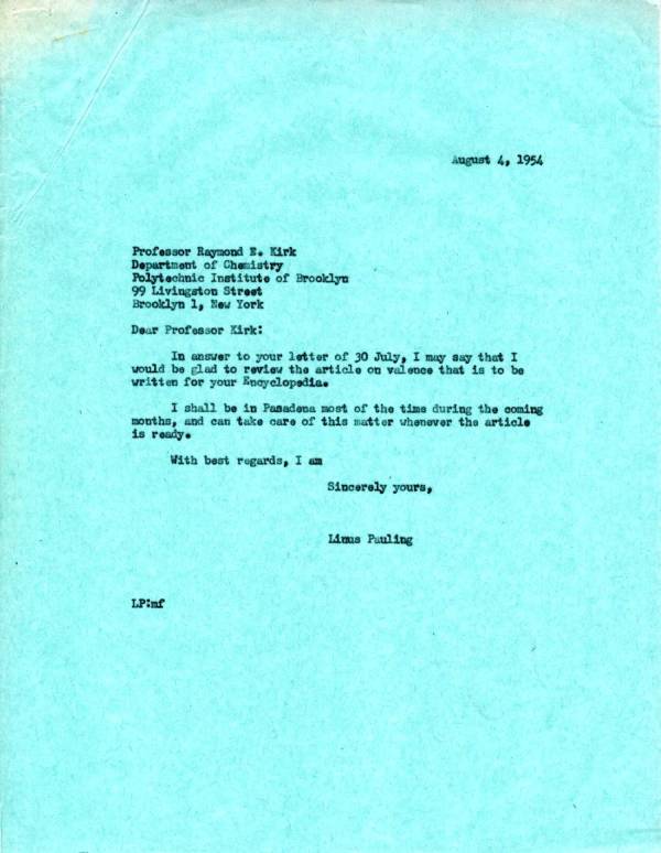 Letter from Linus Pauling to Raymond E. Kirk. Page 1. August 4, 1954