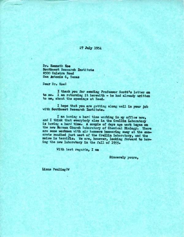 Letter from Linus Pauling to Kenneth Koe. Page 1. July 27, 1954