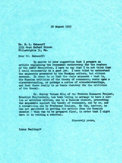 Letter from Linus Pauling to B.L. Kabacoff. Page 1. August 30, 1955