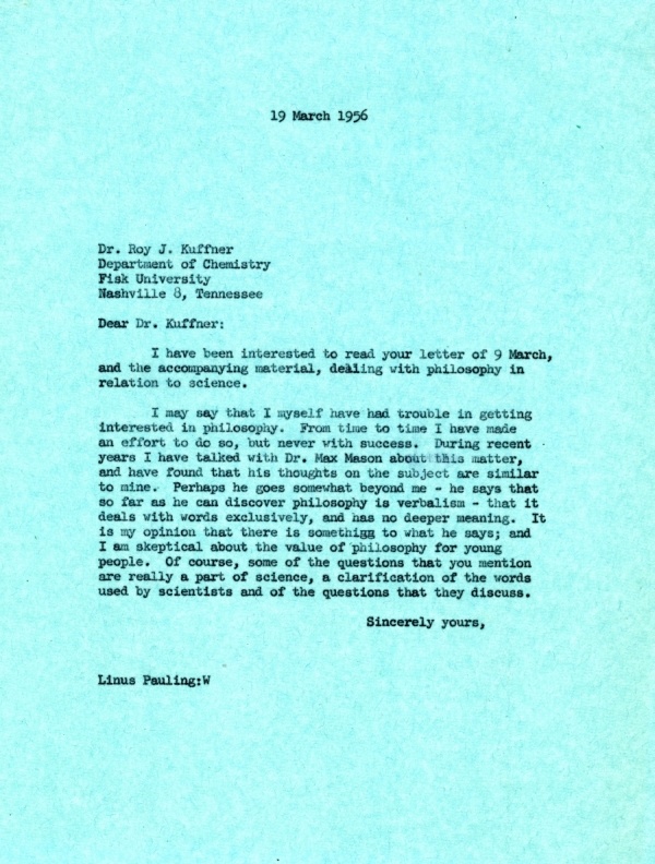 Letter from Linus Pauling to Roy J. Kuffner. Page 1. March 19, 1956