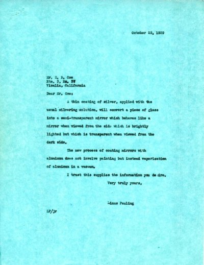 Letter from Linus Pauling to E.B. Coe. Page 1. October 25, 1939
