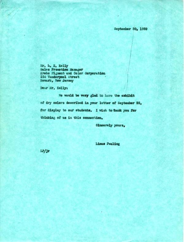 Letter from Linus Pauling to L.E. Kelly. Page 1. September 30, 1939