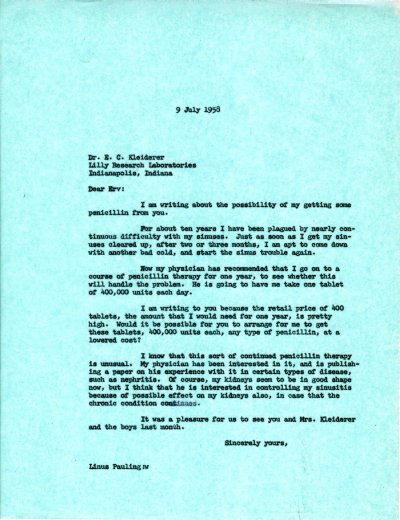 Letter from Linus Pauling to E.C. Kleiderer. Page 1. July 9, 1958