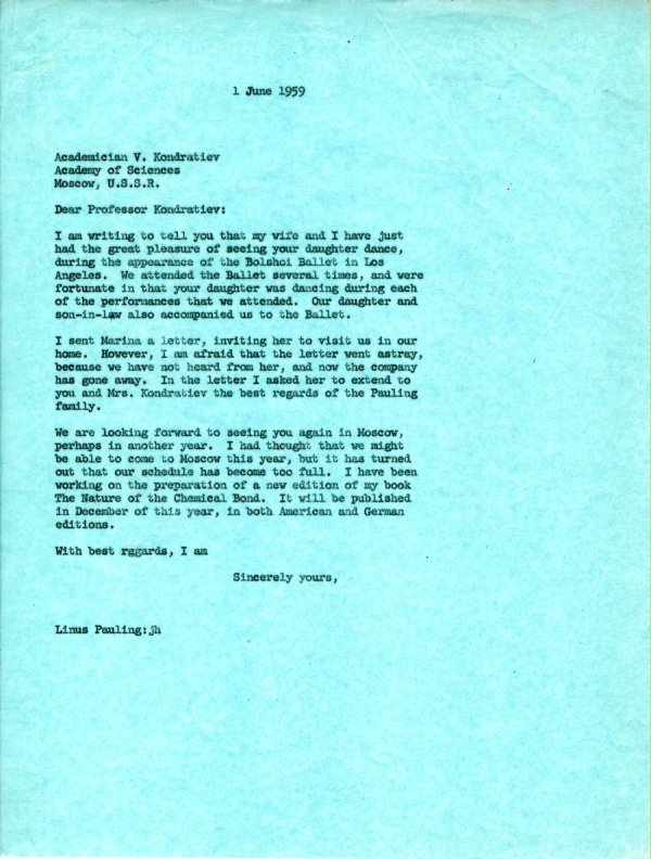 Letter from Linus Pauling to V.N. Kondratiev. Page 1. June 1, 1959