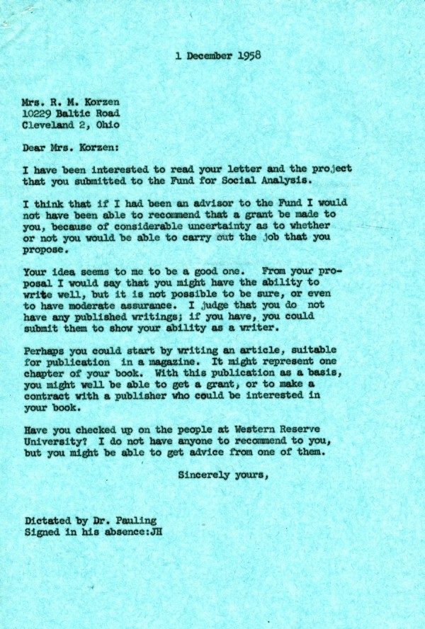 Letter from Linus Pauling to R.M. Korzen. Page 1. December 1, 1958
