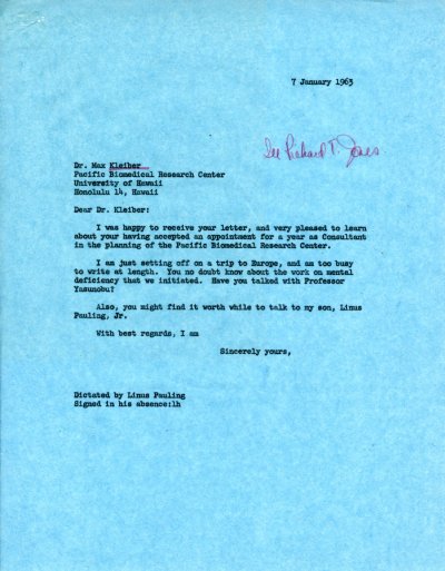 Letter from Linus Pauling to Max Kleiber. Page 1. January 7, 1963