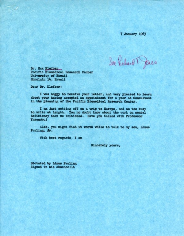 Letter from Linus Pauling to Max Kleiber. Page 1. January 7, 1963