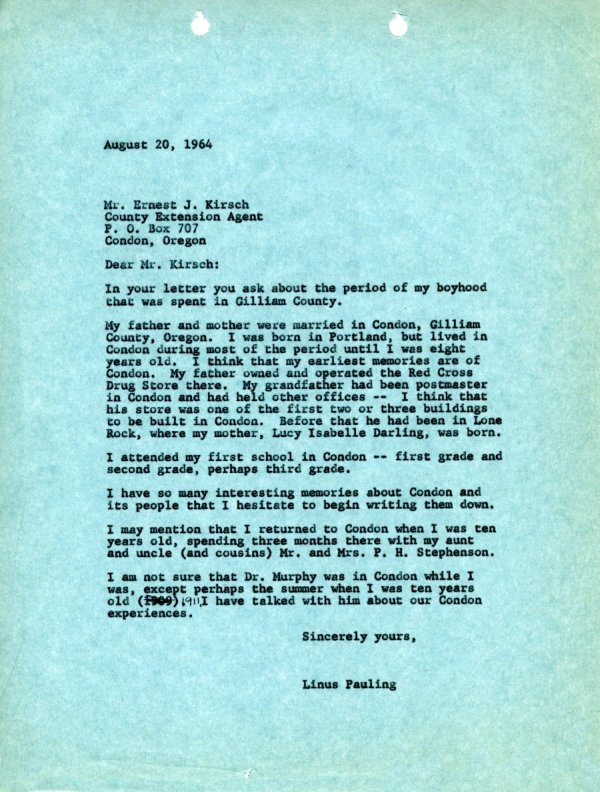 Letter from Ernest J. Kirsch. Page 1. August 20, 1964