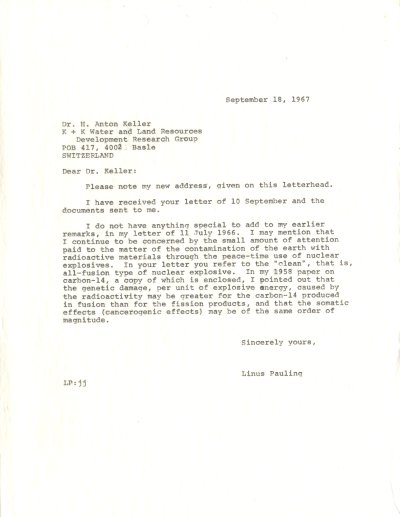 Letter from Linus Pauling to Hans A. Keller. Page 1. September 18, 1967