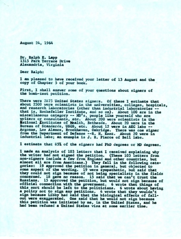 Letter from Linus Pauling to Ralph E. Lapp. Page 1. August 24, 1964