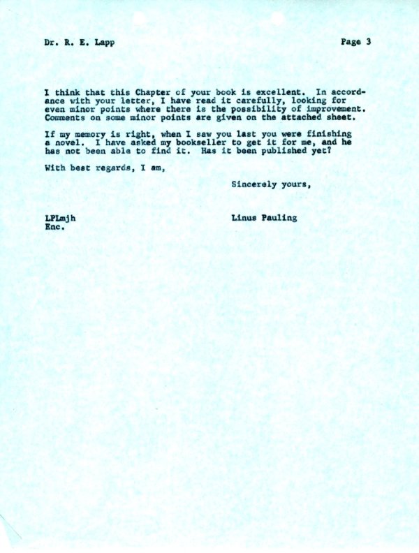 Letter from Linus Pauling to Ralph E. Lapp. Page 3. August 24, 1964
