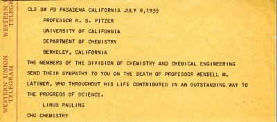 Telegram from Linus Pauling to Kenneth Pitzer. Page 1. July 8, 1955