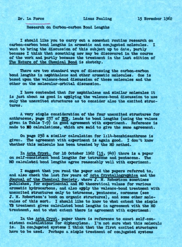 Memorandum from Linus Pauling to Richard La Force. Page 1. November 15, 1962