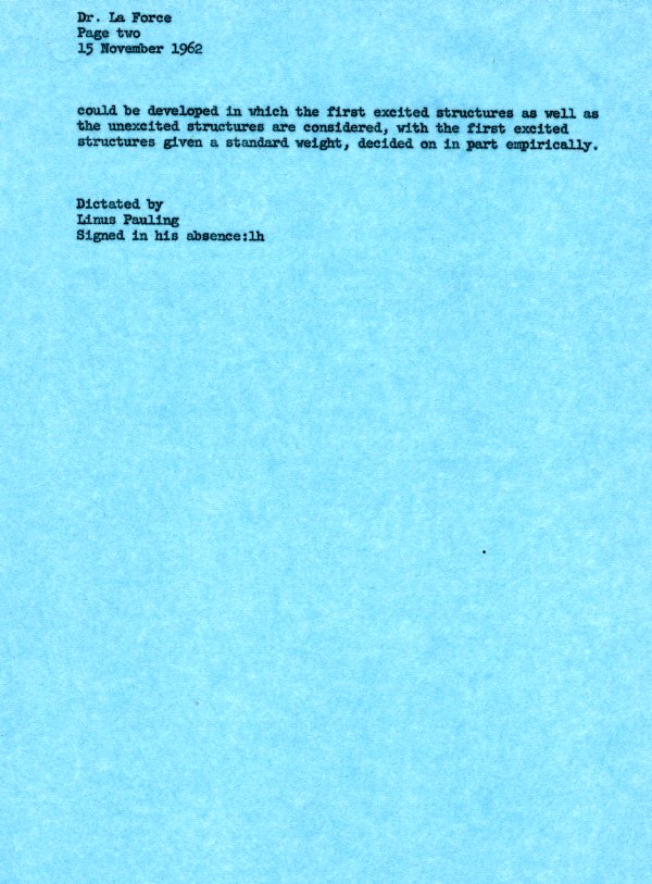Memorandum from Linus Pauling to Richard La Force. Page 2. November 15, 1962