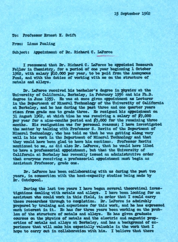 Memorandum from Linus Pauling to Ernest H. Swift. Page 1. November 15, 1962