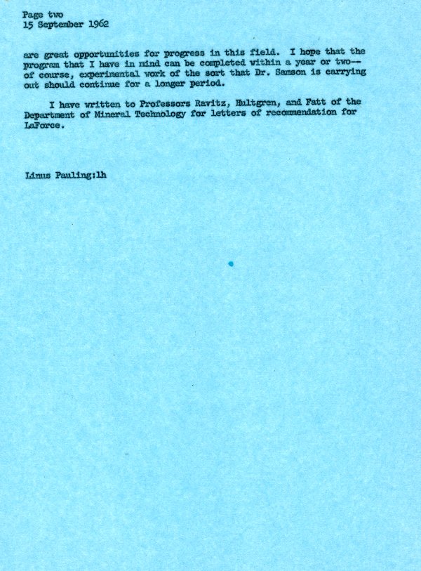 Memorandum from Linus Pauling to Ernest H. Swift. Page 2. November 15, 1962