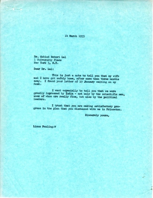 Letter from Linus Pauling to Gobind Behari Lal. Page 1. March 14, 1955