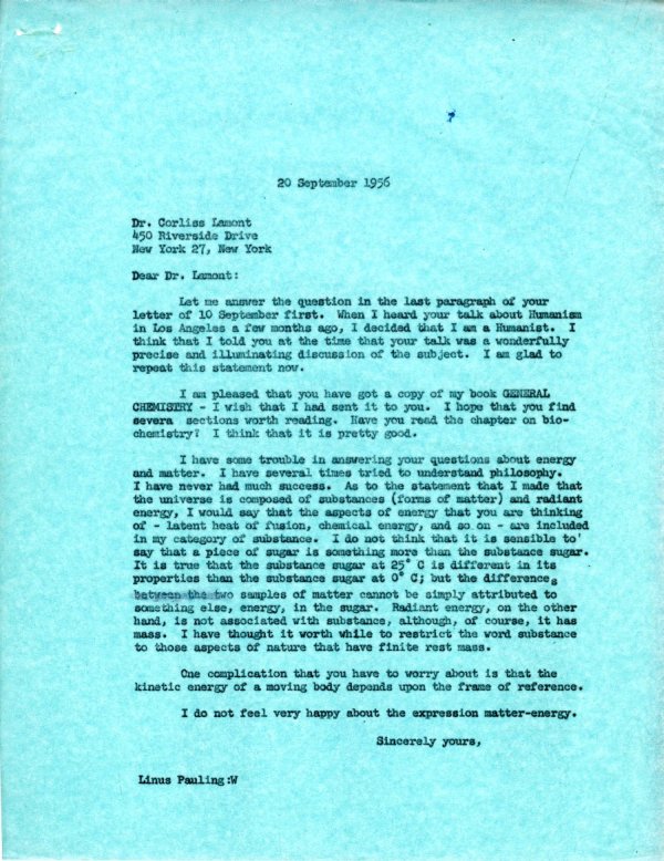 Letter from Linus Pauling to Corliss Lamont. Page 1. September 20, 1956