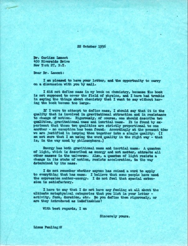 Letter from Linus Pauling to Corliss Lamont. Page 1. October 22, 1956