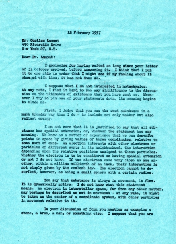 Letter from Linus Pauling to Corliss Lamont. Page 1. February 12, 1957