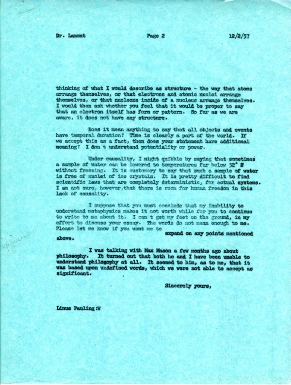 Letter from Linus Pauling to Corliss Lamont. Page 2. February 12, 1957