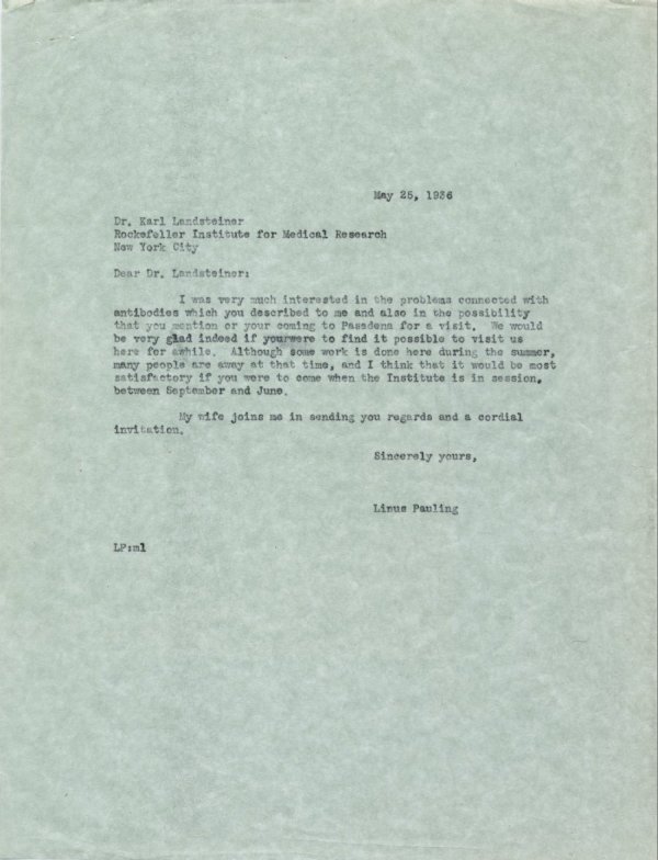 Letter from Linus Pauling to Karl Landsteiner. Page 1. May 25, 1936