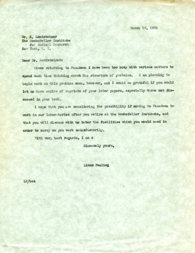 Letter from Linus Pauling to Karl Landsteiner. Page 1. March 16, 1938