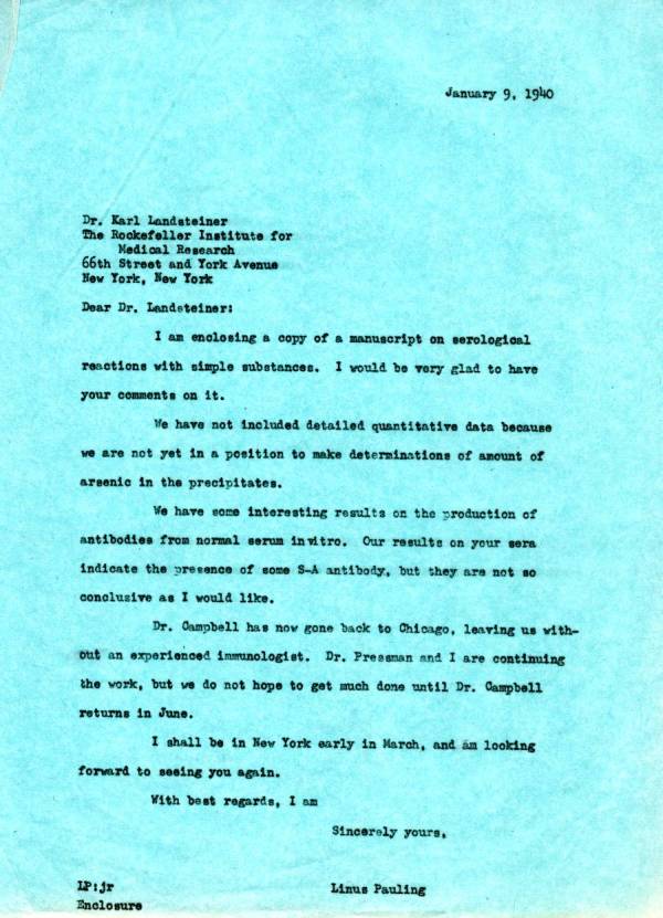 Letter from Linus Pauling to Karl Landsteiner. Page 1. January 9, 1940