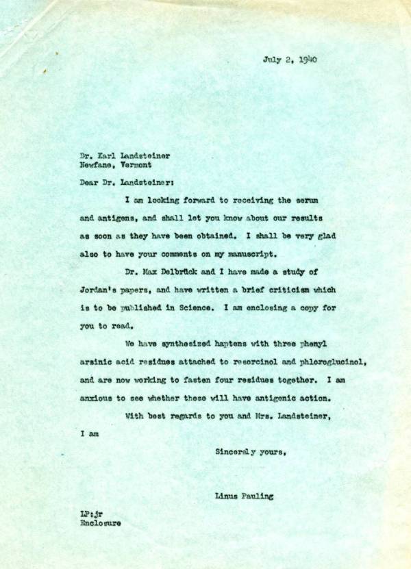 Letter from Linus Pauling to Karl Landsteiner. Page 1. July 2, 1940