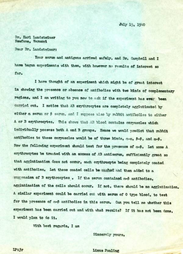 Letter from Linus Pauling to Karl Landsteiner. Page 1. July 15, 1940