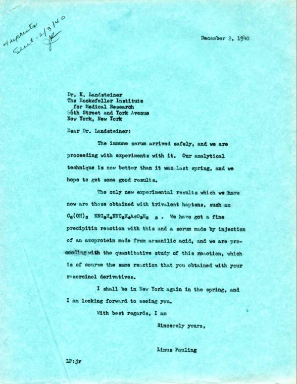 Letter from Linus Pauling to Karl Landsteiner. Page 1. December 2, 1940