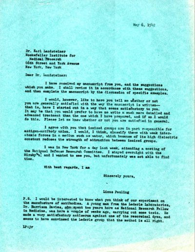Letter from Linus Pauling to Karl Landsteiner. Page 1. May 6, 1942