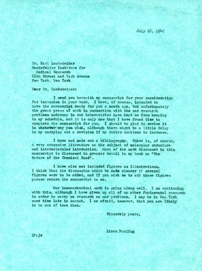 Letter from Linus Pauling to Karl Landsteiner. Page 1. July 16, 1942