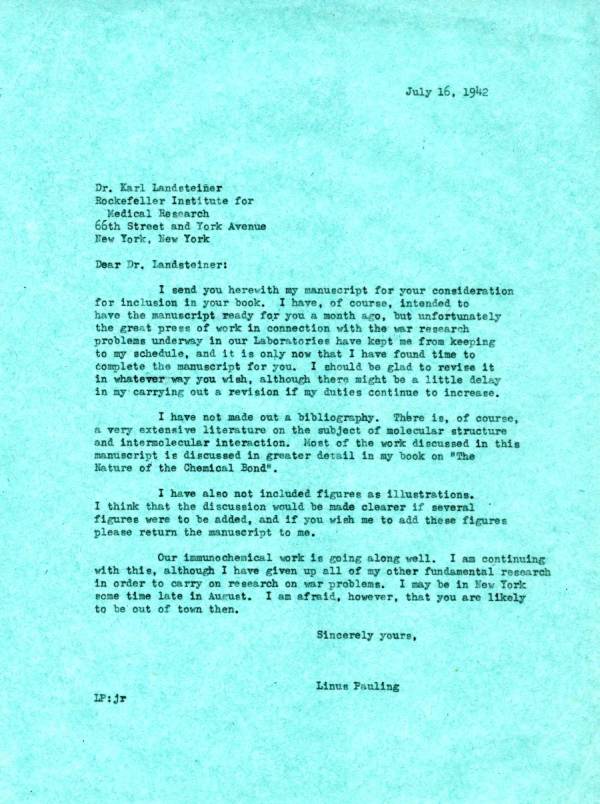 Letter from Linus Pauling to Karl Landsteiner. Page 1. July 16, 1942
