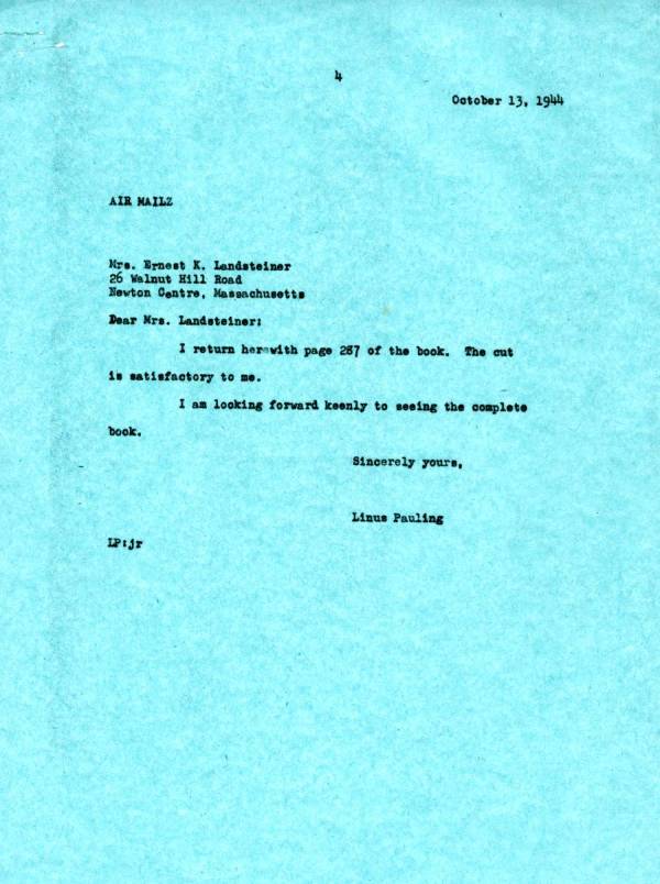 Letter from Linus Pauling to Mrs. Ernest K. Landsteiner. Page 1. October 13, 1944