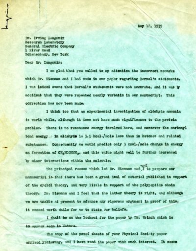 Letter from Linus Pauling to Irving Langmuir. Page 1. May 12, 1939