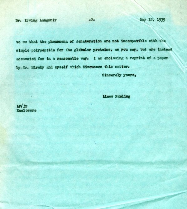 Letter from Linus Pauling to Irving Langmuir. Page 2. May 12, 1939