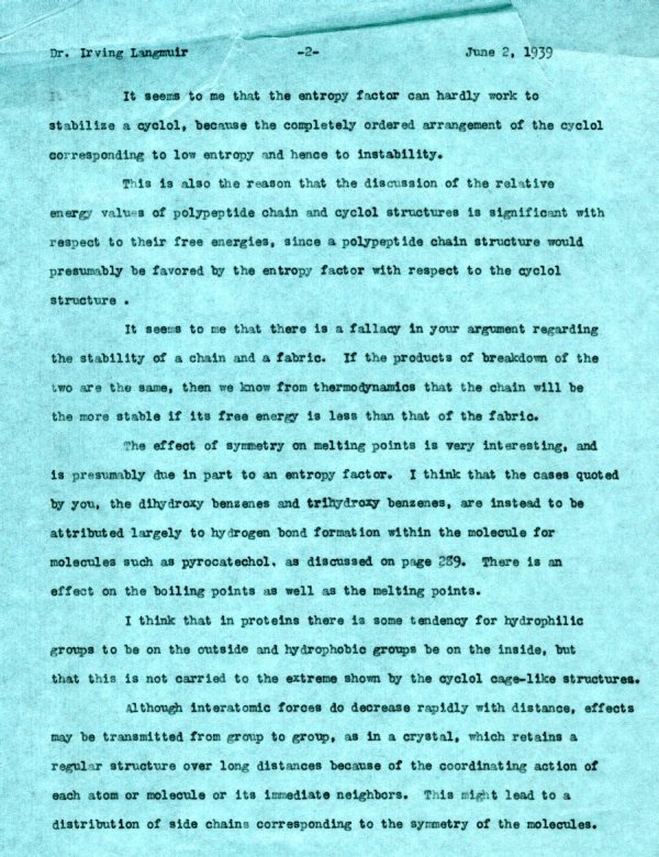 Letter from Linus Pauling to Irving Langmuir. Page 2. June 2, 1939