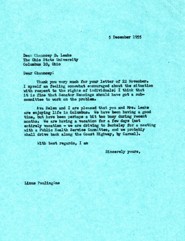 Letter from Linus Pauling to Chauncey Leake. Page 1. December 5, 1955