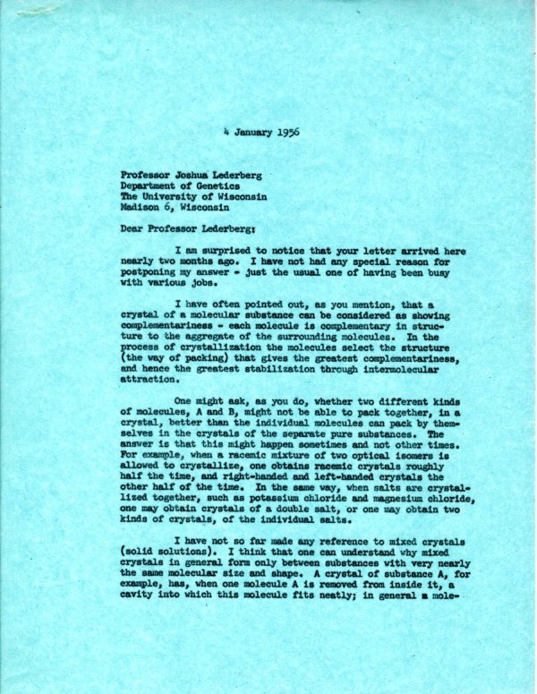 Letter from Linus Pauling to Joshua Lederberg. Page 1. January 4, 1956