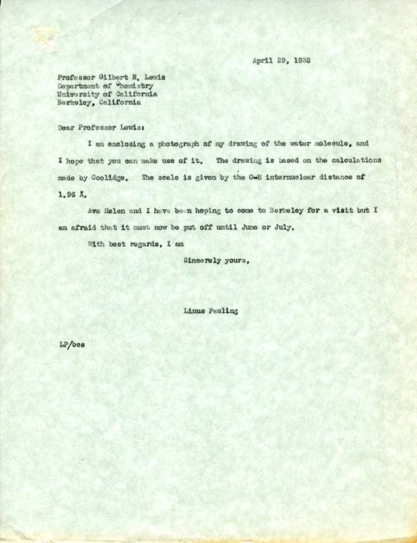 Letter from Linus Pauling to G.N. Lewis. Page 1. April 29, 1938