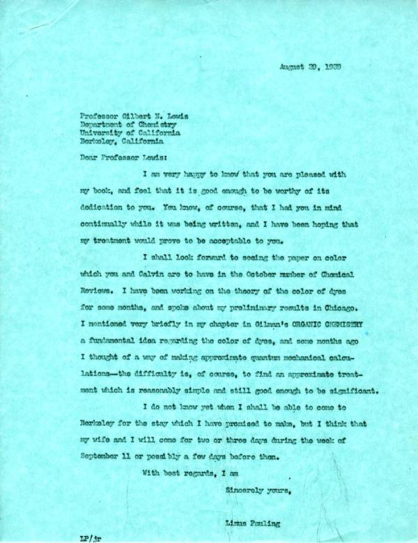 Letter from Linus Pauling to G.N. Lewis. Page 1. August 29, 1939