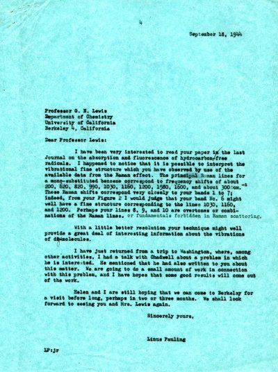 Letter from Linus Pauling to G.N. Lewis. Page 1. September 18, 1944